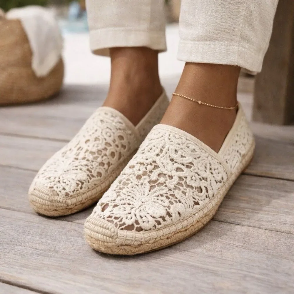 Tory Burch Crochet Lace Espadrilles Women 10.5 Ivory Boho Coastal Cottage Flats